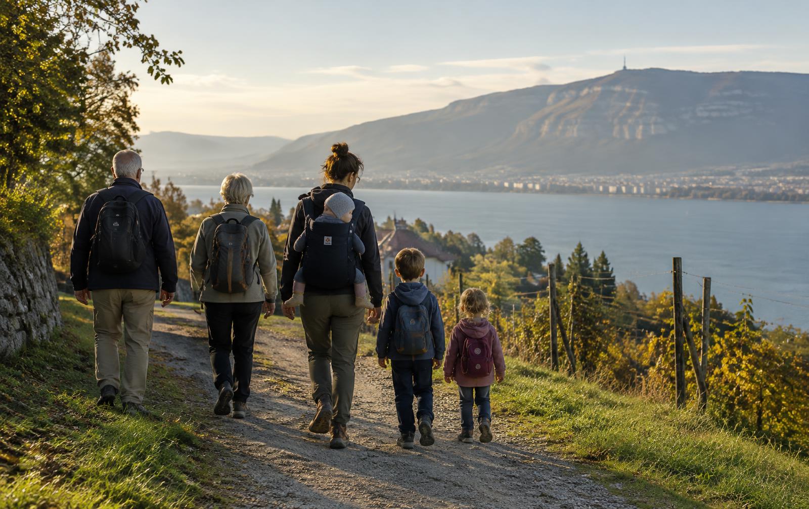 Une famille de trois générations en randonnée au-dessus du lac Léman